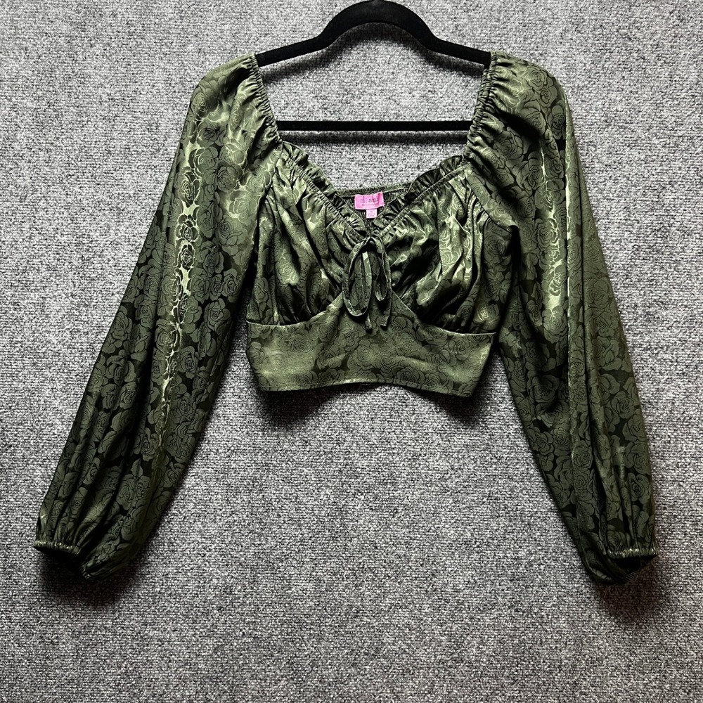 Francesca's Rich Green Satin Crop Blouse Small Renaissance Dark Romantic